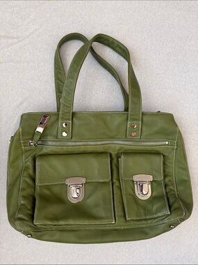 Perlina Olive Green Genuine Leather Triple Zip Satchel Shoulder Bag